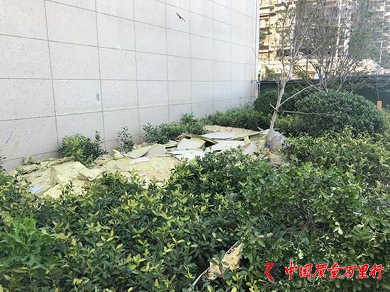 刮落的墻皮凌亂了堆放在樓下,外面已圍起綠色圍擋。