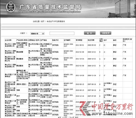 6月5日廣東省質(zhì)量技術監(jiān)督局官方網(wǎng)站截圖顯示,佛山市海天調(diào)味食品有限公司多項產(chǎn)品許可證過期。