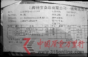 市質監(jiān)局查獲的上海佳寶食品有限公司部分產品銷往希爾頓的送貨單。 市質監(jiān)局查獲的上海佳寶食品有限公司部分產品銷往希爾頓的送貨單。